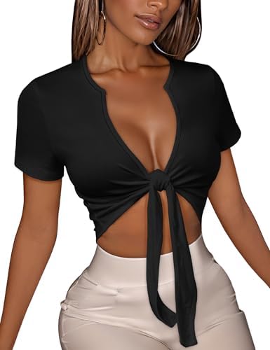 LCNBA Deep v Neck Short Sleeve Crop Top,Bandage Cross Wrap Tie Up
